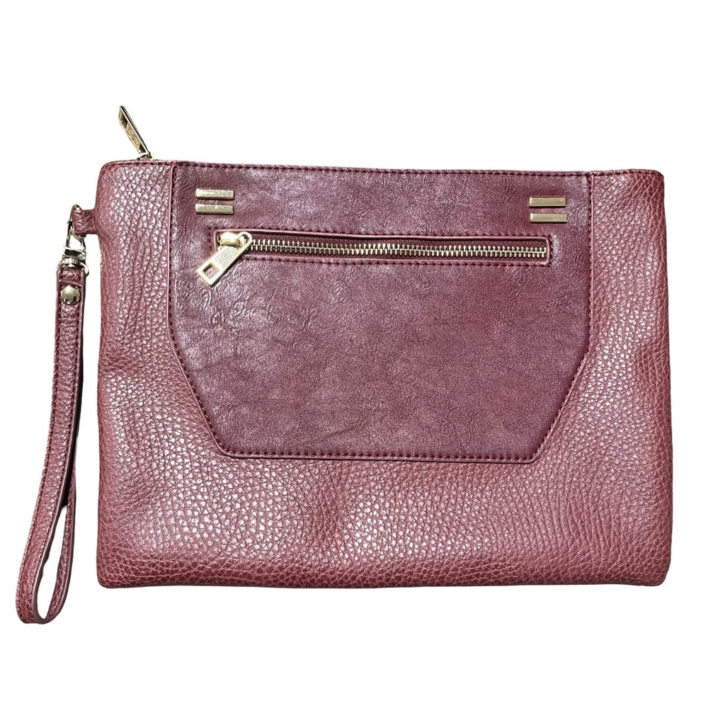 Sole Society Burgundy Faux Leather Wristlet Clutch Animal Print Lining Gold Zip